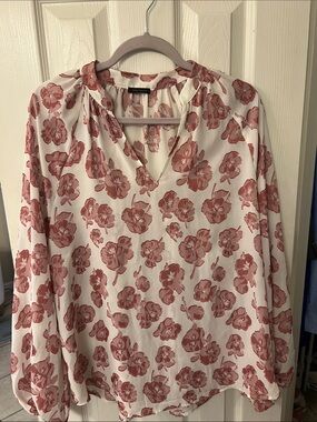 Ann Taylor Cream Blouse with Rose Pink Floral Print